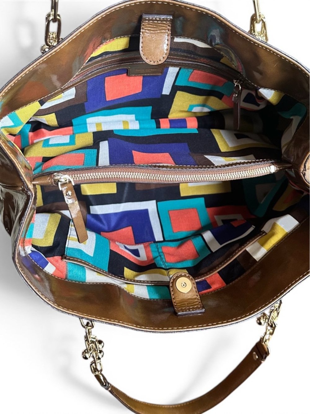 Kate Spade Patent Leather Tote Brown Gold Chain Large Shoulder Bag EUC - Picture 11 of 12